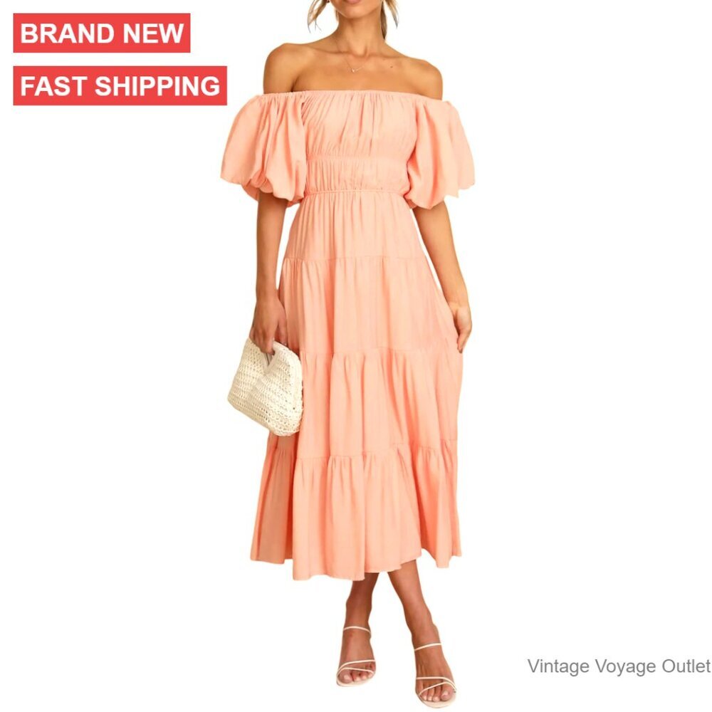 Summer Off-Shoulder Midi Dress with Puff Sleeves and Belt, Empire Waist